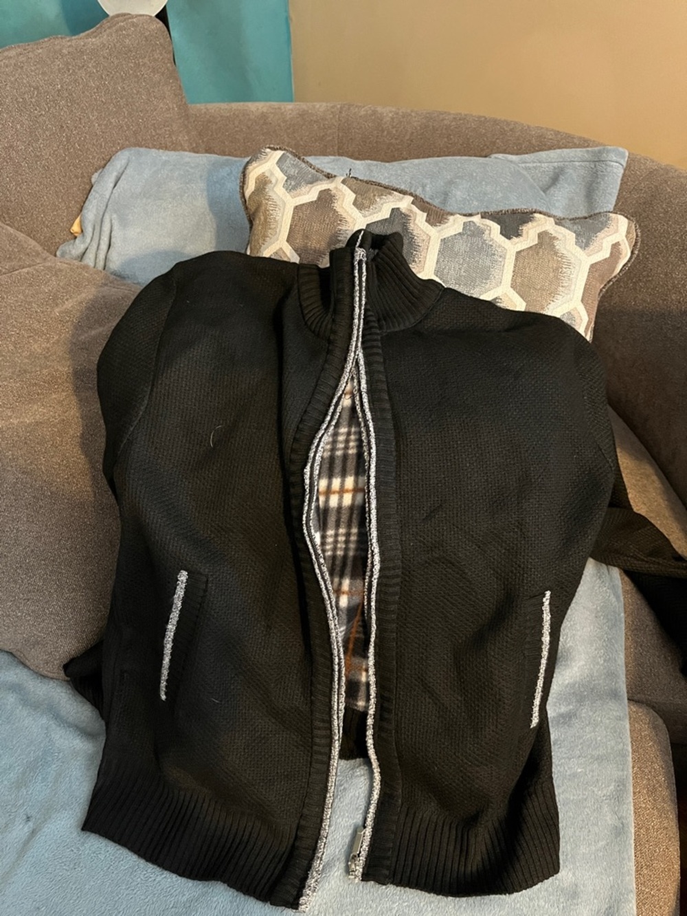 Black Zip-Up Knit Jacket with Plaid Lining